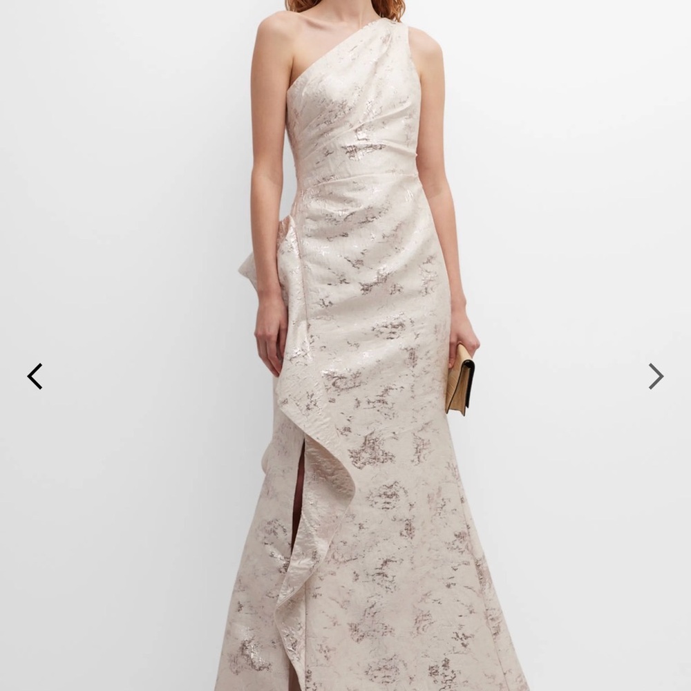 Rickie Freeman for Teri Jon One-Shoulder Metallic Cream Jacquard Gown